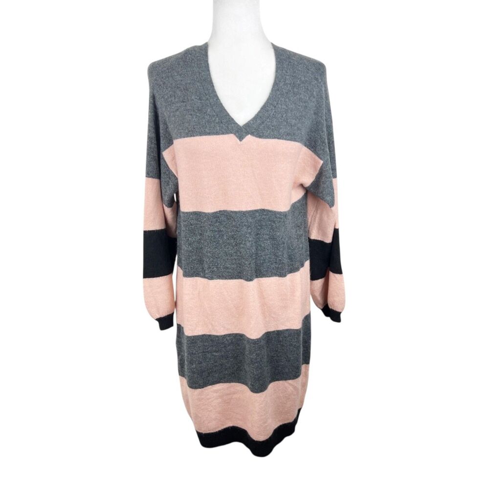 Andree by Unit Sweater Dress Women Small Grey Peach Striped V-Neck Pullover